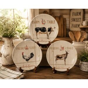 Certified International Farmhouse Luncheon Plates Set Of 3 Cow, Goat, Chicken.